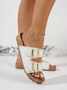Fashionable Versatile Comfortable Retro Thick Sole Round Toe Platform Casual Outdoor Open Toe Strap Roman Beach Mule Sandals,Spring Summer Outfits - White - View 4