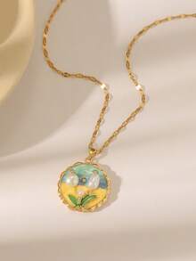 1件优雅时尚蓝色立方氧化锆恶魔眼不锈钢项链，花卉爱心几何设计，女士日常配饰 - 金色 - 查看 5