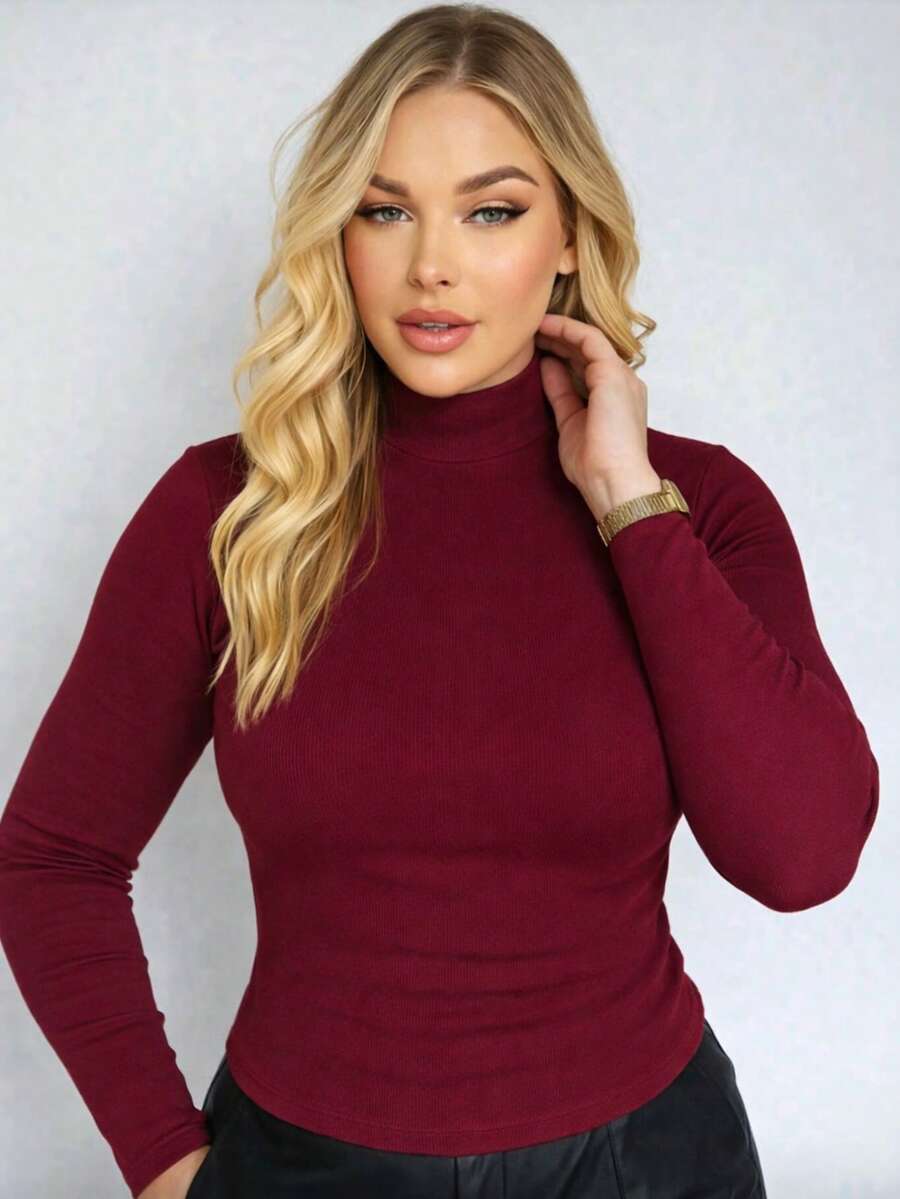 Women's High Neck Fleece-Lined Ribbed Knit Long Sleeve Blouse For Winter, Autumn, Thermal Base Layer, Fitted, Fashion Blogger Style - Burgundy - View 1