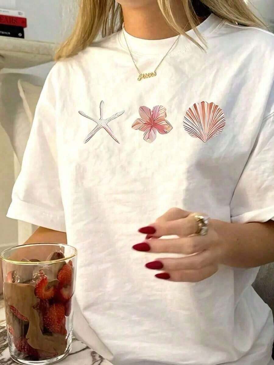 Basic White T-Shirt With Shell - Flower - Sea Print - Women's Summer Shirt - trắng - Xem 1