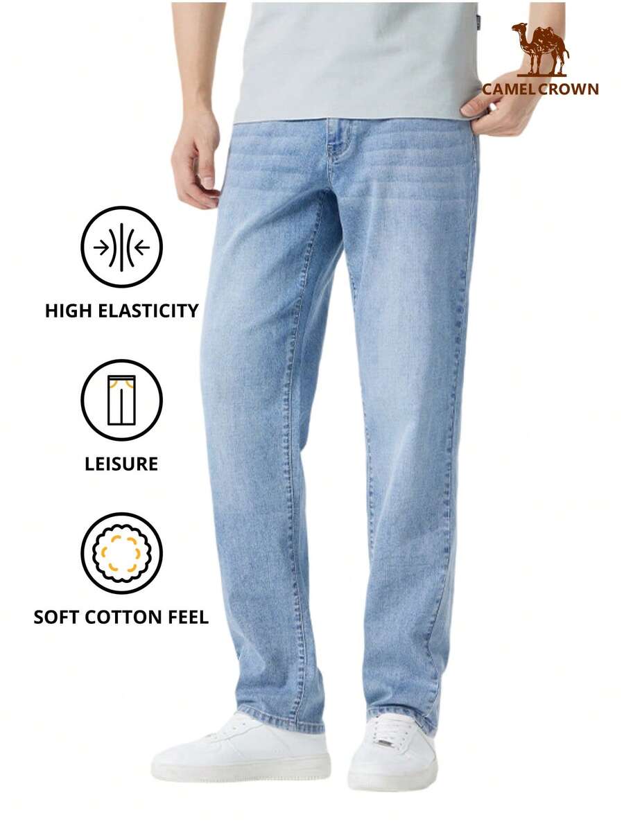 CAMEL CROWN Men's Retro Washed Straight Leg Jeans, Spring/Summer Cotton Lightweight Denim Pants - Light Blue - View 1