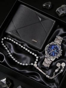 3pcs Men's Quartz Watch Set, Including Silver Metal Band Blue Roman Numeral Quartz Watch, Black Textured Leather Wallet, Silver Beaded Bracelet, Rugged Cool Style - Silver - View 6