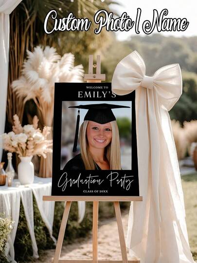 1pc Personalized Graduation Photo Poster, Black Gold Style, Includes Black Graduation Welcome Sign And Photo, Elegant Graduation Celebration Welcome Slogan And Name, Graduation Celebration Welcome Board, Graduation Party Welcome Sign With Name