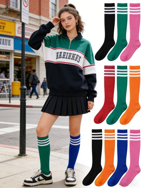 1双女士条纹过膝袜，薄款运动长筒袜，适合足球、篮球、啦啦队、轮滑、队服及日常穿着