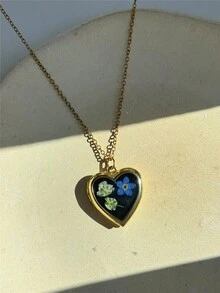 1件復古樹脂乾花可開啟吊墜項鍊，不對稱橢圓心形照片墜飾項鍊，照片吊墜項鍊，永生花項鍊，時尚優雅女性珠寶，DIY收納 - 彩色 - 查看 22