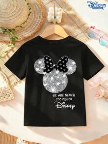 Disney "Never Too Old For Disney" Minnie Mouse Kids T-Shirt, Double-Sided Sparkle Bow Graphic, Casual Crew Neck Short Sleeve Tee, Mommy And Me Outfit, Ideal For Disney Fans & Family Trips - 黑色 - 查看 3