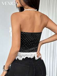 Vexica 女士法式波点性感蕾丝边荷叶边吊带背心，系带设计，适合毕业典礼和派对穿着 - 黑色 - 查看 7