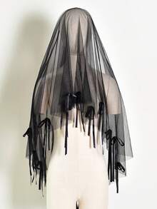 1pc Black Bridal Veil With Bow, Romantic Hairless Bridal Veil, Wedding Accessory - Multicolor - View 6