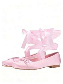 Women's Elegantes Pink Shoes Satin Square Toe Ballet Flats With Ankle Ribbon Tie Bow Detail Prom Flats Summer Shoes - 粉色 - 查看 2