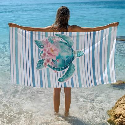 1条夏季清新水彩蓝条纹花卉海龟印花沙滩巾/浴巾，单面印花，吸水性强，速干超柔软纤维，可作沙滩巾、防晒披肩、瑜伽垫、便携式假日沙滩泳池运动毛巾、亲肤柔软礼品毛巾、轻便健身毛巾，浴室和海滩的理想之选