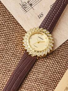 LIANDU 女士复古优雅时尚圆形表盘石英表，PU皮表带，适合日常佩戴，生日礼物，馈赠佳品。 - 棕色 - 查看 3