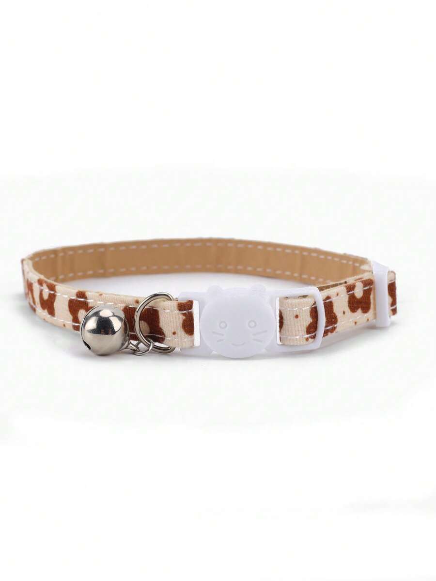 1pc Floral Pattern Pet Collar With Bell, Adjustable Size, Leather Lining - Multicolor - View 1