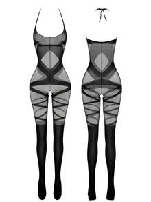 1pc Sexy Jumpsuit, Black Criss-Cross Silk Mesh Jumpsuit - Black - View 7