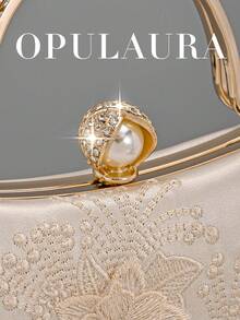 OpulAura 象牙色刺绣花卉图案单肩包，复古旗袍包，仙女手拿包，宴会包，伴娘包，新娘包，方形包，晚宴包，珍珠手拿包，亮片串珠包，正式礼服包，链条单肩包 - 米色 - 查看 4