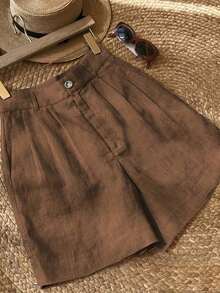 Women's Solid Color Pleated Pocket Wide Leg Loose Casual Shorts - 棕色 - 查看 3