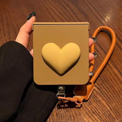 Luxury Korean Simple 3D Heart Brown Phone Case With Anti-Loss Leather Rope Compatible With Samsung Galaxy ZFlip7 Z Flip6 ZFlip 5 Zflip6 Zflip5 Shockproof Back Cover,Case Compatible With Motorola