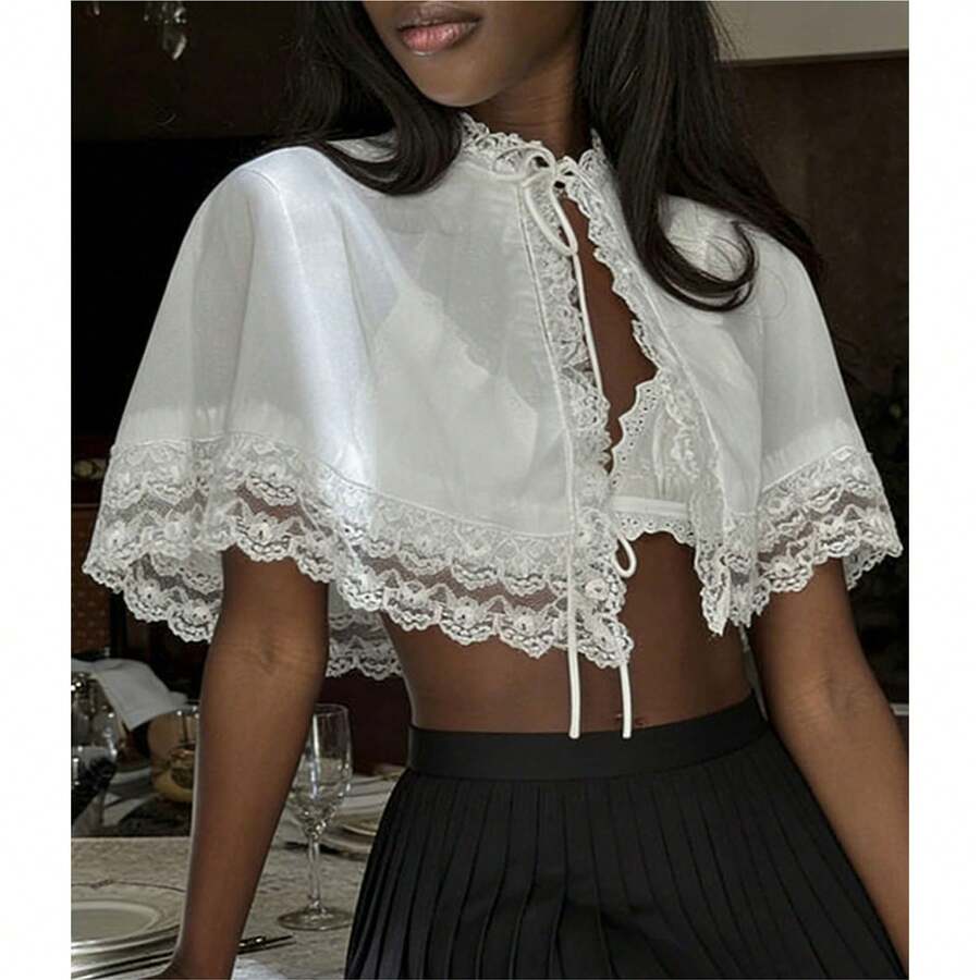 Y2k Cloak Shawl Top Women Tie Up Lace Pactwork Gothic Lolita Cloak Cape Wraps Top For Party - 白色 - 查看 1