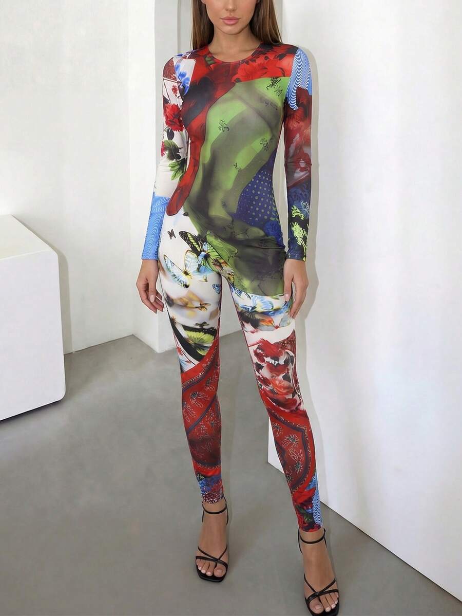 Mono estampado de manga larga y cuello redondo DOUCIU, ajustado, para eventos de discoteca - Verde - Ver 1