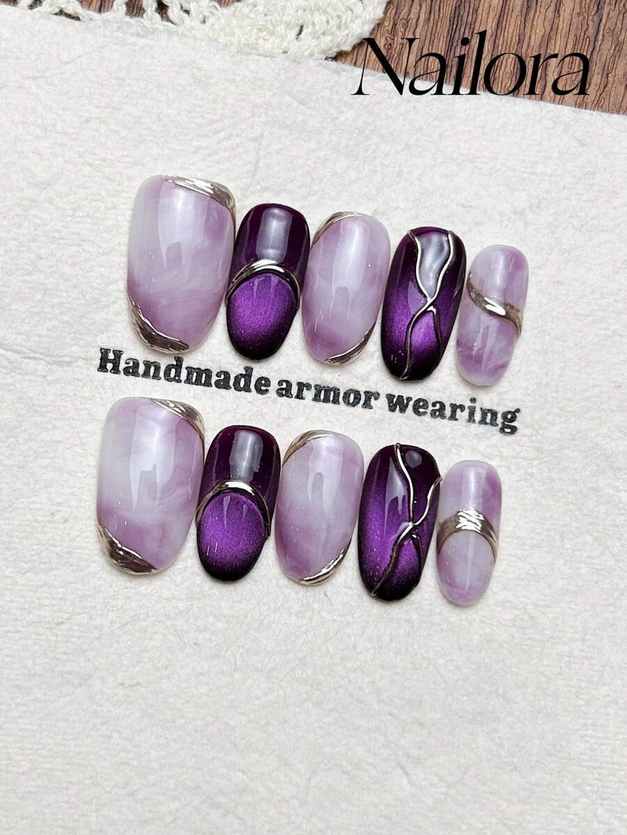 10 móng tay giả thủ công hình oval, móng acrylic dán, móng ngắn, móng tím nhẹ nhàng hiệu ứng chuyển màu, móng mắt mèo nổi bật, bột móng tạo đường kẻ bất đối xứng, móng mùa xuân đơn giản thanh lịch sang trọng, móng dán mùa hè tối giản thẩm mỹ, móng giả tự làm đa năng, nghệ thuật móng tay giả, thích hợp sử dụng hàng ngày và trong môi trường công sở, có thể tái sử dụng, quà tặng cho phụ nữ và bé gái. - Màu tím - Xem 1