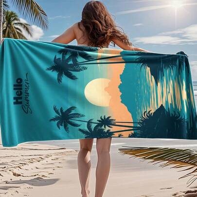 1pc Beach Towel, Colorful Sunset & Palm Tree Pattern, Lightweight Super Soft Microfiber, Sand-Proof And Quick-Dry, Multiple Styles And Sizes Available, Ideal For Travel, Summer Beach Fun, And Pool Side, Essential For Camping