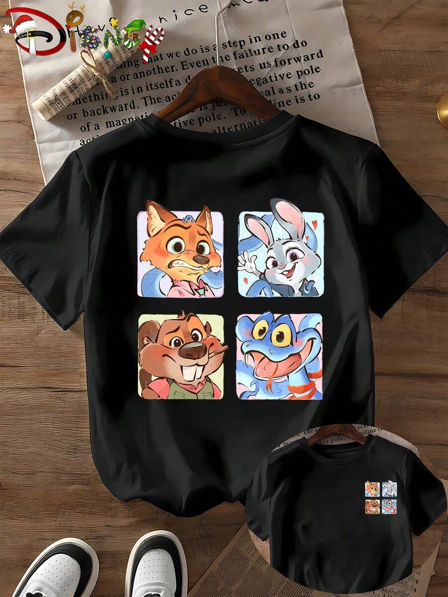 Disney Authorized Zootopia Design. Vivid Cartoon Style. Women's Casual, , And Versatile. Easy To Wear Every Day, Suitable For Spring And Summer. Made Of Pure Cotton. Classic Crew Neck.Made From Soft, Comfortable, And Durable Pure Cotton, This Is An Ideal Choice For Spring And Summer. This Crew Neck T-Shirt Is Suitable For Various Occasions, Including Everyday Wear, Shopping, Parties, Travel, And Gatherings, And Also Makes A Thoughtful Gift. - 黑色 - 查看 1