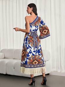 Rochie de damă cu imprimeu de pădure tropicală și tiv cu franjuri, potrivită pentru naveta zilnică și vacanțe casual. Această nouă rochie de primăvară/vară cu imprimeu prezintă un stil casual elegant. - Albastru - Vizualizare 2