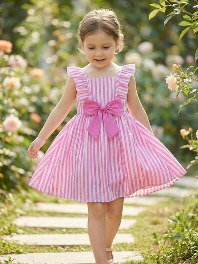 BASUSARRI 女童荷叶袖方领吊带大蝴蝶结连衣裙，条纹收腰设计，甜美风格，适合情人节、约会、派对等场合，百搭女童服装