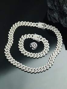 3pcs Hip Hop Jewelry,Eye-Catching Cuban Chain Men's Jewelry Set With Matched Bracelet,Hip Hop US Dollars Ring ,Necklace For Men, Rapper Jewelry,Men's Gift - A - View 1