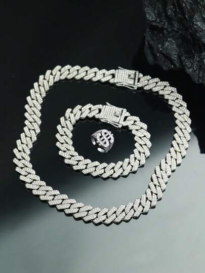 3件套嘻哈风格首饰套装，吸睛的链男士首饰套装，包括手链、美元戒指和项链，适合送给说唱歌手。