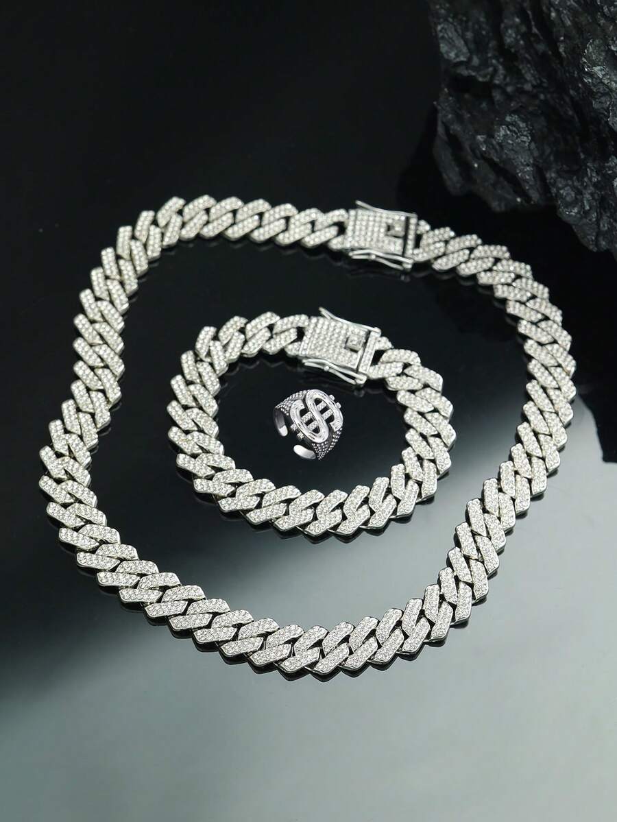 3pcs Hip Hop Jewelry,Eye-Catching Cuban Chain Men's Jewelry Set With Matched Bracelet,Hip Hop US Dollars Ring ,Necklace For Men, Rapper Jewelry,Men's Gift - A - View 1