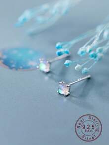 一对创意S925纯银月光石耳钉，简约时尚首饰，送给女性、朋友、学生、生日礼物 - 圓形1 - 查看 1