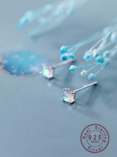 一对创意S925纯银月光石耳钉，简约时尚首饰，送给女性、朋友、学生、生日礼物