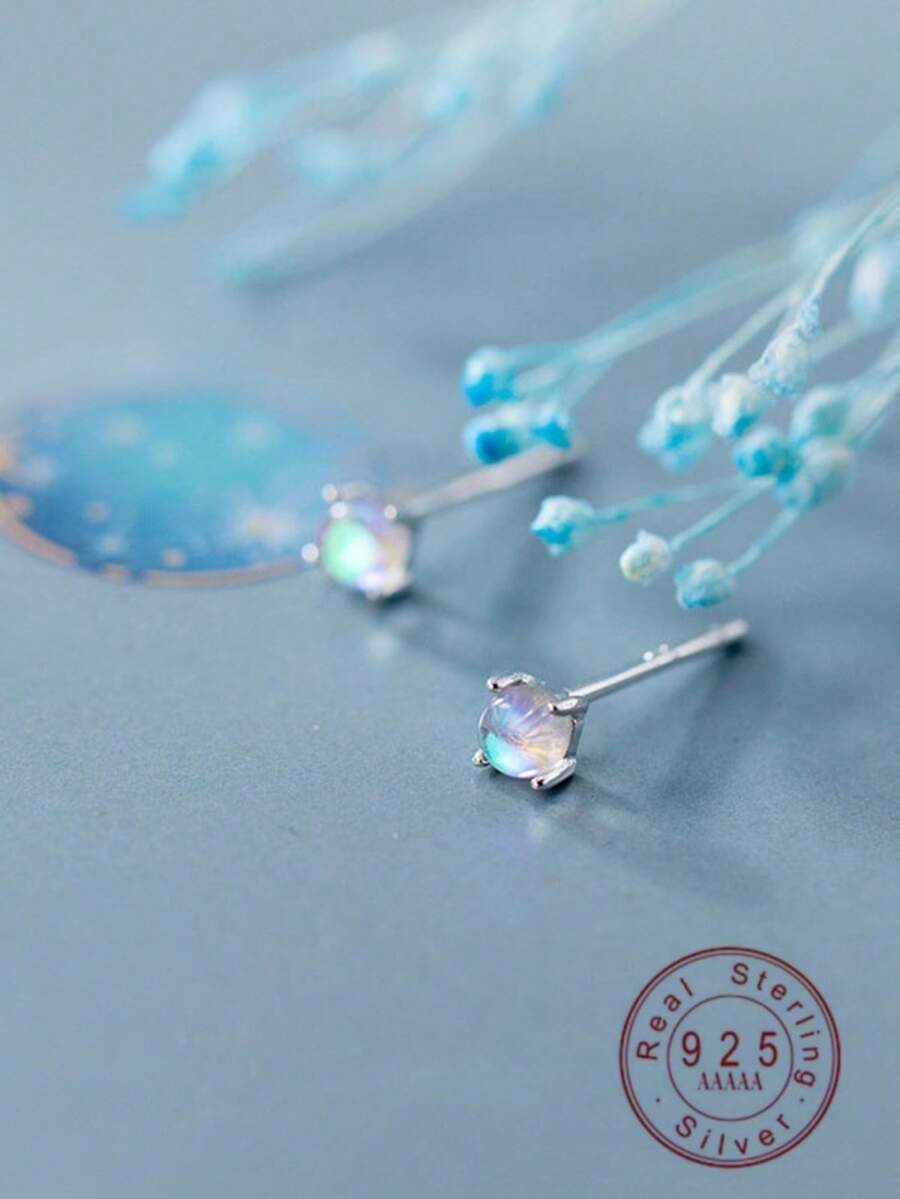 一对创意S925纯银月光石耳钉，简约时尚首饰，送给女性、朋友、学生、生日礼物 - 圓形1 - 查看 1