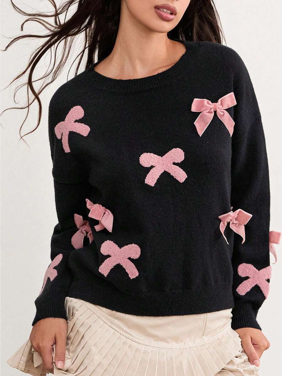 Women's Long Sleeve Sweater Contrast Color 3D Bow Drop Shoulder Round Neck Knitted Tops - 黑色 - 查看 1