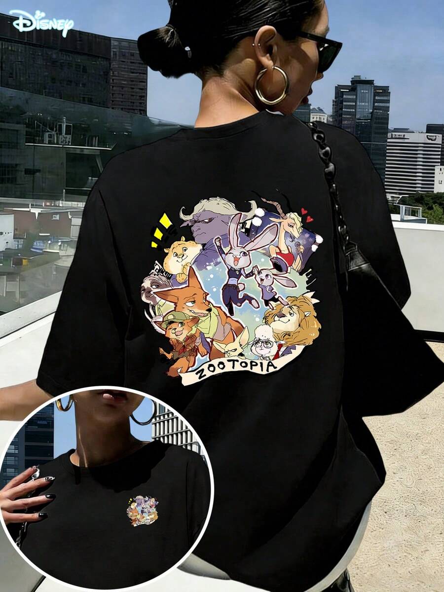 Disney Zootopia Group Oversized T-Shirt: White Loose Fit Cotton Tee With Double-Sided Cute Hand-Drawn Graphic, Perfect For Zootopia Fans, Theme Park Visits And Casual Wear, Ideal Gift - 黑色 - 查看 1