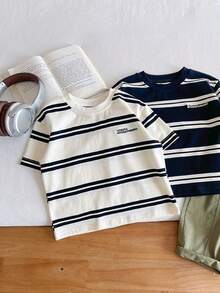 Young Boy Striped & Letter Print Short Sleeve T-Shirt, Casual Summer - Black and White - View 3