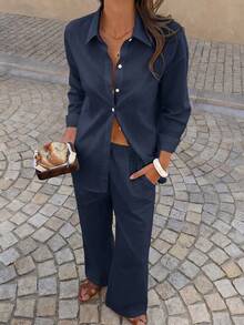 PoPoHouse 女士两件套 - 纯色棉质休闲优雅长袖衬衫搭配宽松阔腿裤，适合通勤、休闲旅行、情人节、春夏日常穿着 - 藏蓝色 - 查看 7