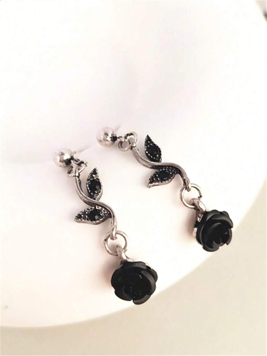 1 Pair Black Rose Flower & Leaf Design Earrings, Suitable For Women's Daily Wear - Black - View 1