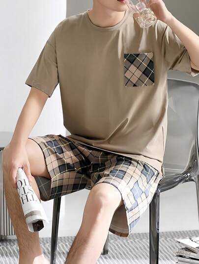  [AICJ Sleepwear]2pcs Men Casual Plaid Pajama Set, Basic Pocket Homewear Suit, Short Sleeve T-Shirt And Shorts, Suitable For Summer And Spring