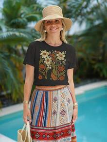 Women's Boho Shirts Vintage Floral T-Shirt Cottagecore Wildflowers Graphic Tees Bohemian Short Sleeve Tops Anti-Wrinkle Cotton T-Shirt - 黑色 - 查看 4