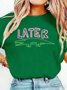 Women's Funny Later Gator T-Shirt - Sarcastic "Later" Crocodile Graphic Tee In White & Pink - Lightweight Everyday Shirt For Women - Machine Washable Casual Top, Allseason Apparel, Playful Graphic Shirt, Comfortable Fit ShirtBreathable All-Season Round Neck Printed T-Shirt - 綠色 - 查看 5