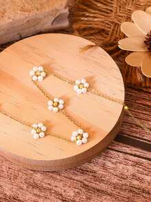 1pc Pearl Necklace, Daisy Pearl Choker, Suitable For Women, Daisy Necklace As Graduation Prom Bridesmaid Gift, White Necklace - Gold - View 3