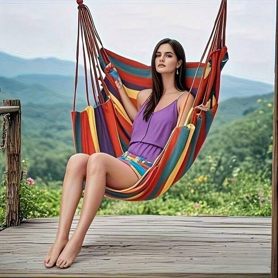 Hammock Swing Chair - Sturdy Metal Frame, Foldable, Portable, Supports Up To 500 Lbs, Comfortable Seating, Ideal For Patios And Lawns, Cotton Blend Fabric, Suitable For Indoor/Outdoor Use. Designed For Bedrooms, Outdoor Spaces, Patios, Balconies, Porches, And Decks. Hanging Hammock Chair With Rope Swing. - B - Xem 1