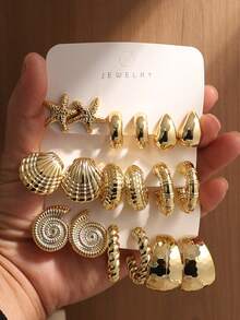 6-18pcs Stylish Starfish & Shell Textured Earrings, Suitable For Holidays, Leisure & Vacation Wear - Gold - View 9