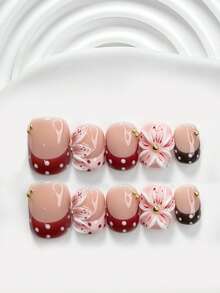 10件套复古优雅树脂美甲套装，包含亚克力美甲贴纸、金属珠、手工五瓣渐变花朵、红白波点、巧克力红指甲油，以及美甲工具（1个果冻贴纸+1个指甲锉）。提供方形、短方形和杏仁形三种形状。适合春夏日常、派对、拍照、通勤等场合。是送给女性和女孩的绝佳礼物。按压式美甲贴片。 - 彩色 - 查看 10
