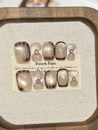 10pcs Vintage Luxury Handmade Press On Nails, Brown Ombre With Gold Rhinestone & Star Fake Nails, Short Square Nails, Acrylic False Nails For Music Festival & Daily Wear, With Jelly Glue And Nail File, DIY Nail Art Supplies