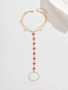 1件波西米亚风甜心水晶串珠脚链，多层简约金色赤脚饰品，性感凉鞋配饰 - 紅色 - 查看 3