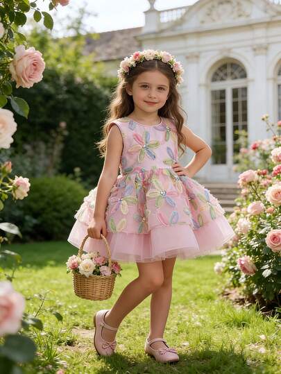 XUMPLO Toddler Girls' Elegant Cute Beaded 3D Floral Bow Backless Sleeveless Party Dress, Princess Dress For Birthday, Party, Wedding, Flower Girl, Holiday, Spring/Summer