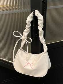 Spring/Summer New Arrival - Cute Floral Print Crossbody Bag, Decorated With Ribbon And Bow, Lightweight Polyester Shoulder Bag, Suitable For Commuting And Travel, Black & White Design With Pink Floral Pattern, Commuter Bag Floral Print Lightweight Bag - White - View 7