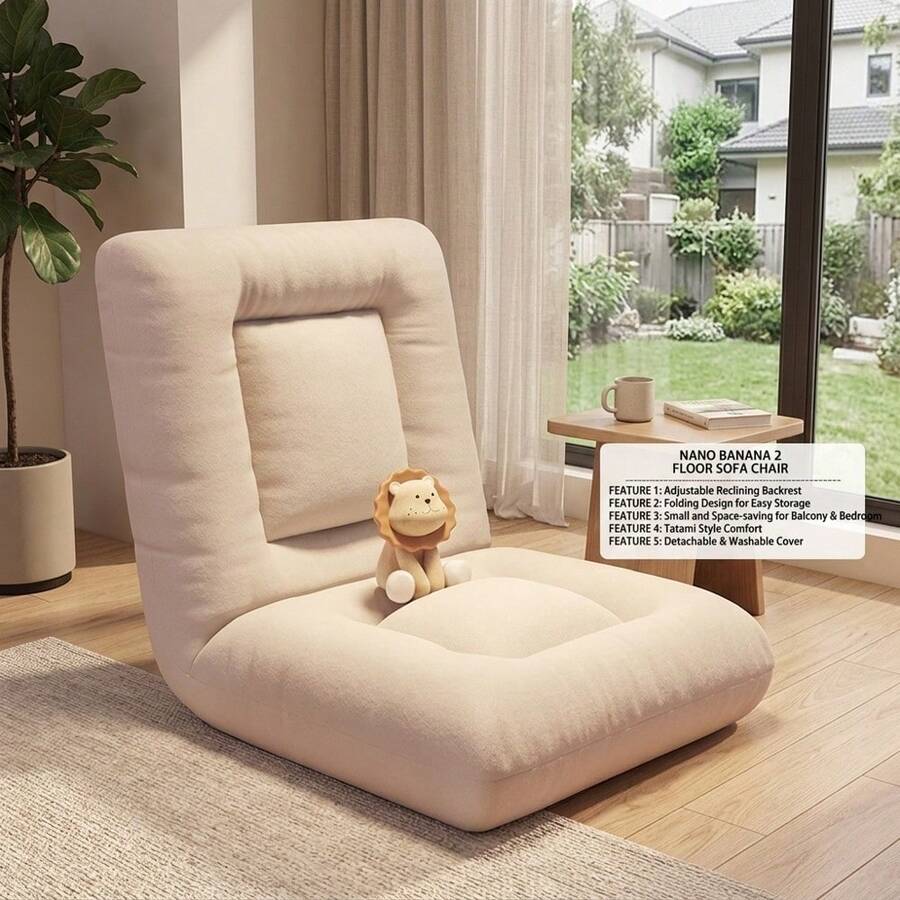Single Foldable Lazy Sofa Tatami Chair Adjustable Backrest Padded Floor Chair Beige Soft Comfy Floor Seat For Balcony Bay Window Bedroom Bed Living Room Reading Gaming Relaxing - Nhung màu be thân thiện với da - Xem 1